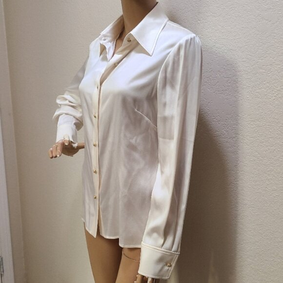 ST. JOHN STRETCH SILK COLLARED BLOUSE SHIRT TOP RHINESTONE BUTTON FRONT sz 6 - Picture 4 of 8